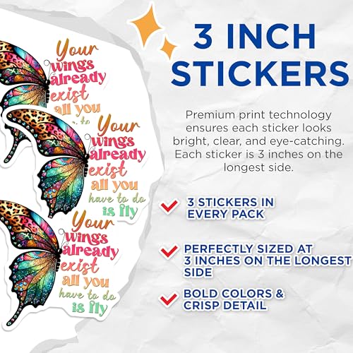 (3 Pack) Butterfly Quote Decals - Inspirational Stickers - Laptop Decoration - 3 Inches On Longest Side - Easy Peel & Apply - Made in USA - 3MCS8509
