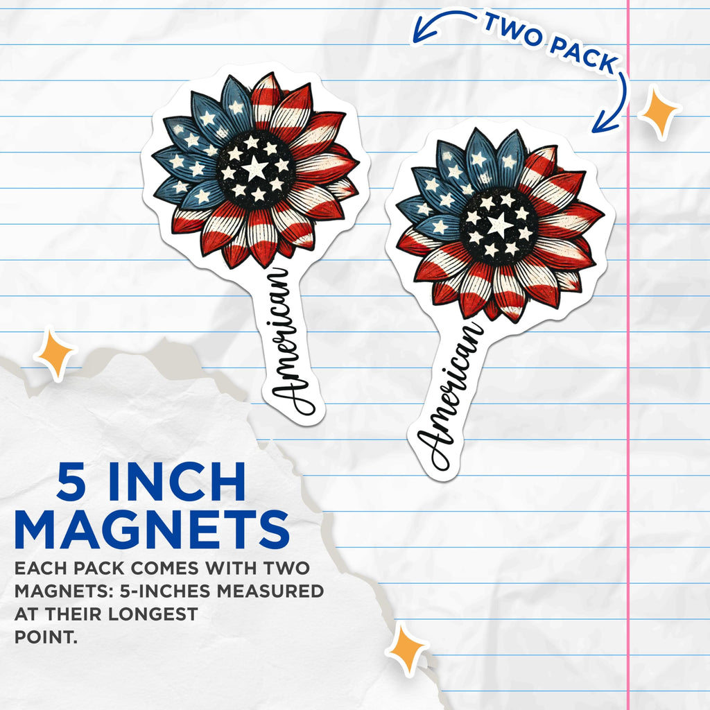 (2 Pack) American Flag Sunflower Magnets - Patriotic Decor - USA Independence Day Decoration - 5" On Longest Side - for Cars, Fridges, Toolboxes - Made in USA - MAG7870