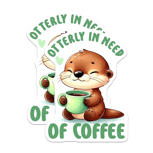 (2 Pack) Otterly in Need of Coffee Stickers - Cute Animal Stickers - Coffee Lover Stickers - 5" On Longest Side - Sticks to Smooth Flat Surfaces- Made in USA - BMCS3288