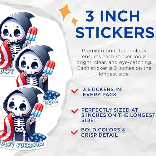 (3 Pack) Sweet Freedom Decals - Patriotic Grim Reaper - Popsicle Laptop Decals - 3 Inches On Longest Side - Easy Peel & Apply - Made in USA - 3MCS6675