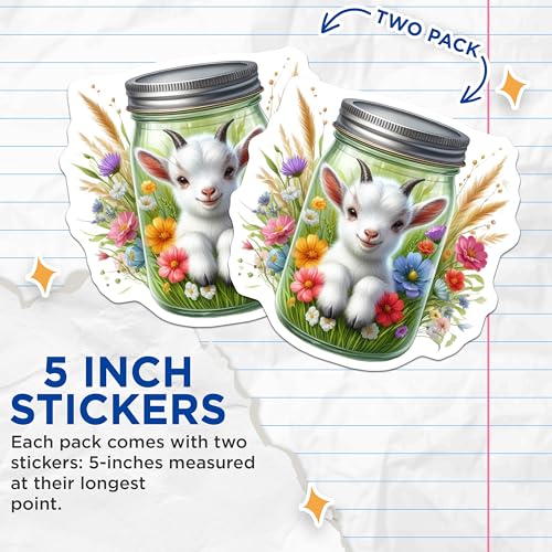 (2 Pack) Cute Goat in Jar Stickers - Animal Theme - Floral Design Sticker - 5" On Longest Side - Sticks to Smooth Flat Surfaces - Made in USA - BMCS9364