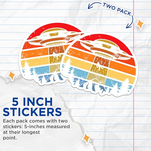 (2 Packs) Alien UFO Abducting Bigfoot Stickers - Alien Abduction Bigfoot Decals - 5 Inches On Longest Side - Premium Vinyl Decal - Sticks to Any Smooth Flat Surface - Made in USA - BMCS2345