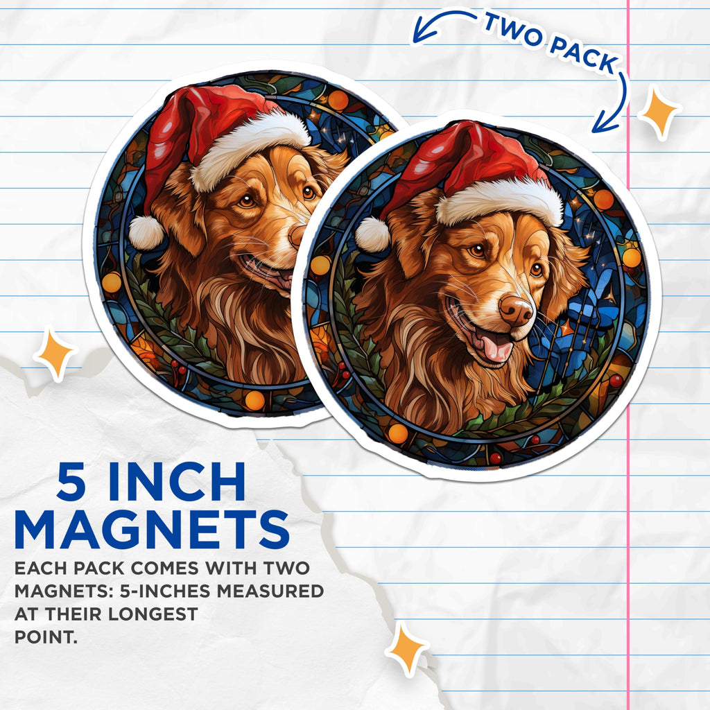 (2 Pack) Stained Glass Christmas Dog Magnets - Golden Retriever Santa Hat - Holiday Pet Decor Dog Lover - 5 Inches On Longest Side - Thick Durable Magnet - Made in USA - MAG28953