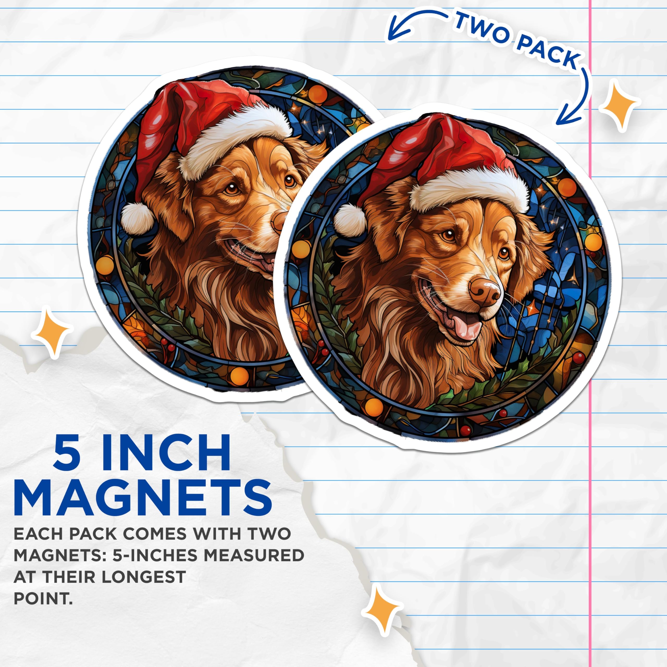(2 Pack) Stained Glass Christmas Dog Magnets - Golden Retriever Santa Hat - Holiday Pet Decor Dog Lover - 5 Inches On Longest Side - Thick Durable Magnet - Made in USA - MAG28953