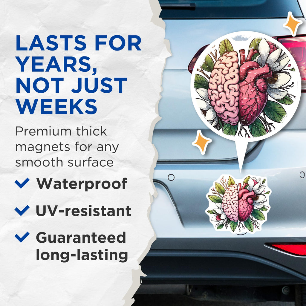 (2 Pack) Human Brain Heart Magnets - Anatomical Floral Botanical Art - Mind Emotion Balance Spiritual Decor - 5 Inches On Longest Side - Thick Durable Magnet - Made in USA - MAG20133