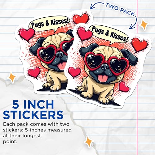 (2 Pack) Pugs and Kisses Stickers - Cute Dog Decal - Heart Sunglasses Sticker Set - 5" On Longest Side - Sticks to Smooth Flat Surfaces - Made in USA - BMCS4656