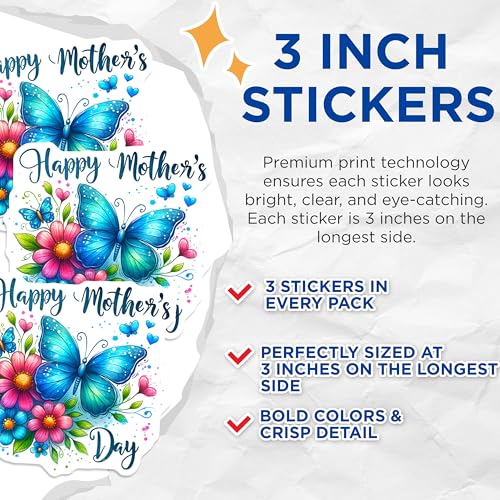 (3 Pack) Mothers Day Decals - Butterfly Stickers - Floral Decals for Laptop - 3 Inches On Longest Side - Easy Peel & Apply - Made in USA - 3MCS7588