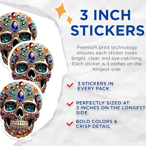 (3 Pack) Jeweled Skull Decals - Colorful Skull Decal - Laptop Decal - 3 Inches On Longest Side - Easy Peel & Apply - Made in USA - 3MCS7367