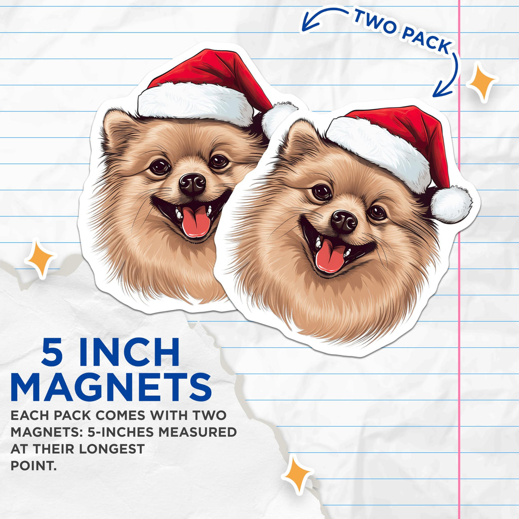 (2 Pack) Pomeranian Christmas Magnets - Santa Hat Dog Decor - Holiday Pet Lover Present - 5 Inches On Longest Side - Thick Durable Magnet - Made in USA - MAG26317