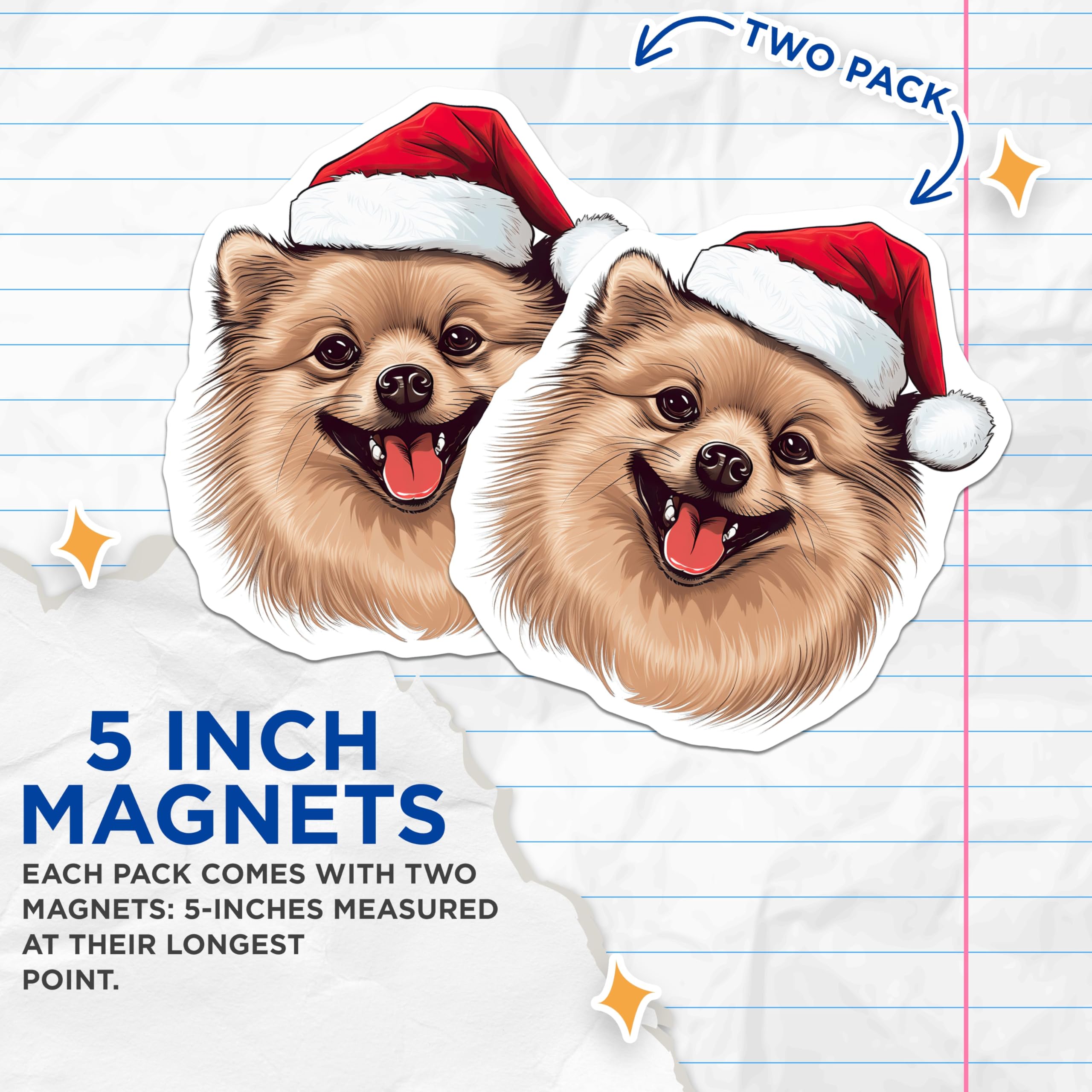 (2 Pack) Pomeranian Christmas Magnets - Santa Hat Dog Decor - Holiday Pet Lover Present - 5 Inches On Longest Side - Thick Durable Magnet - Made in USA - MAG26317