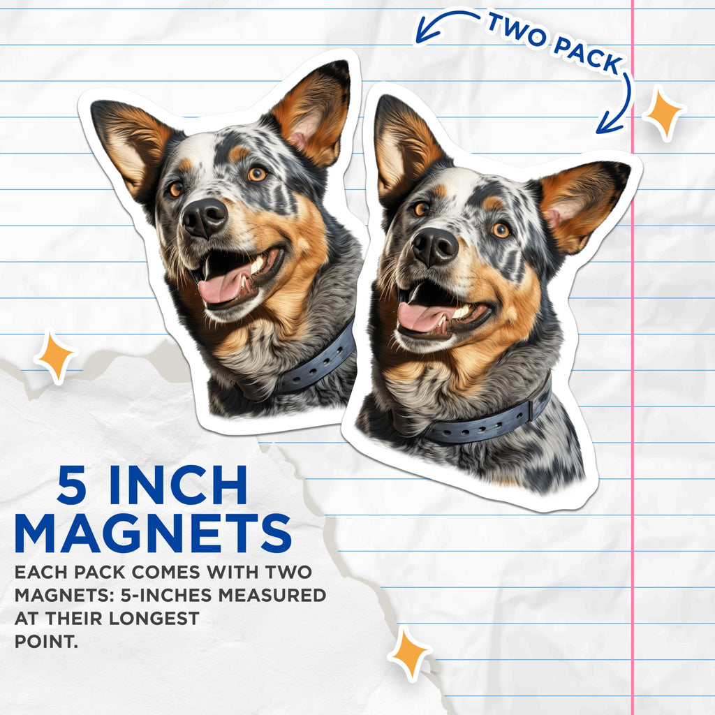 (2 Pack) Blue Heeler Dog Magnets - Australian Cattle Dog Art - Pet Lover Fridge Decor - Farm Ranch Gift - 5 Inches On Longest Side - Thick Durable Magnet - Made in USA - MAG30664