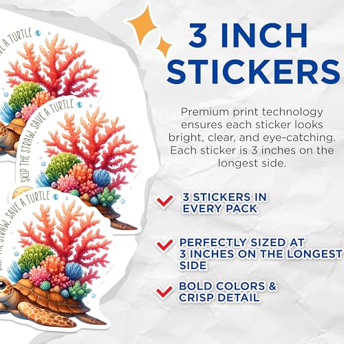 (3 Pack) Skip The Straw Save Turtle Decals - Sea Turtle - Ocean Lover - 3 Inches On Longest Side - Easy Peel & Apply - Made in USA - 3MCS6727