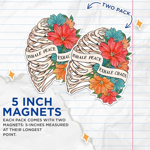 (2 Pack) Inhale Peace Exhale Chaos Magnets - Floral Skeleton Magnets - Inspirational Quotes Magnets for Home Decor- 5" On Longest Side - for Fridges, Toolboxes, Cars - Made in USA - MAG3004
