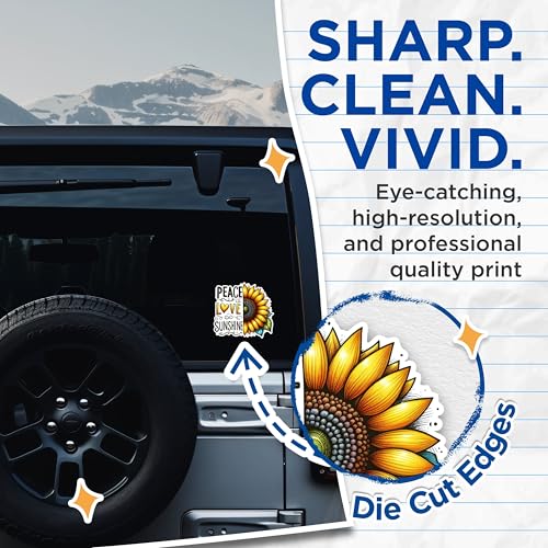 (2 Pack) Peace Love Sunshine Stickers - Inspirational Quote Stickers - Sunflower Design Stickers - 5" On Longest Side - Sticks to Any Smooth Flat Surface - Made in USA - BMCS2905
