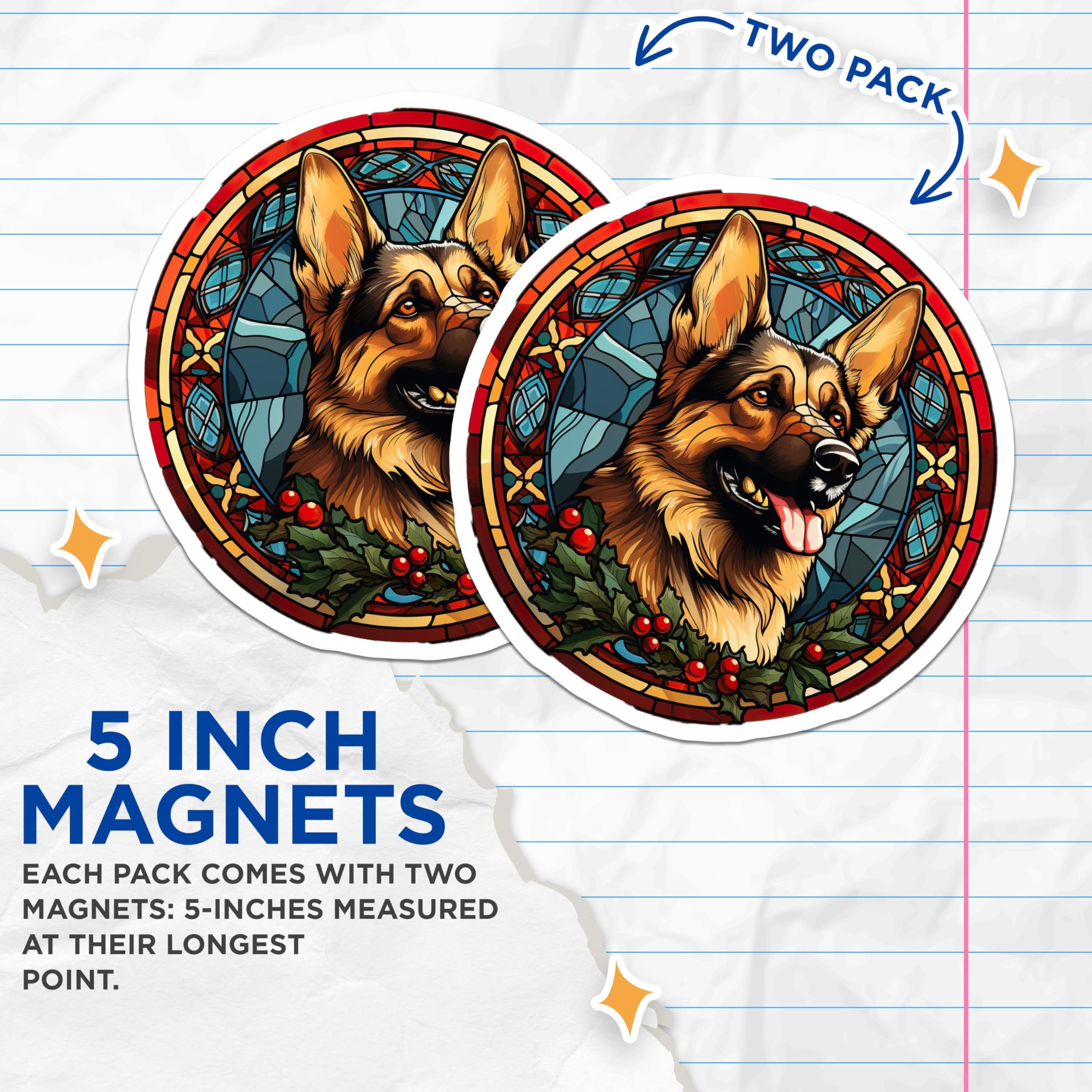 (2 Pack) German Shepherd Christmas Magnets - Stained Glass Dog Art - Holiday Pet Decor for Fridge - 5 Inches On Longest Side - Thick Durable Magnet - Made in USA - MAG30110