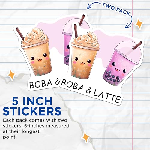 (2 Pack) Cute Boba Tea Stickers - Kawaii Latte - Adorable Bubble Tea - 5" On Longest Side - Sticks to Smooth Flat Surfaces - Made in USA - BMCS7744