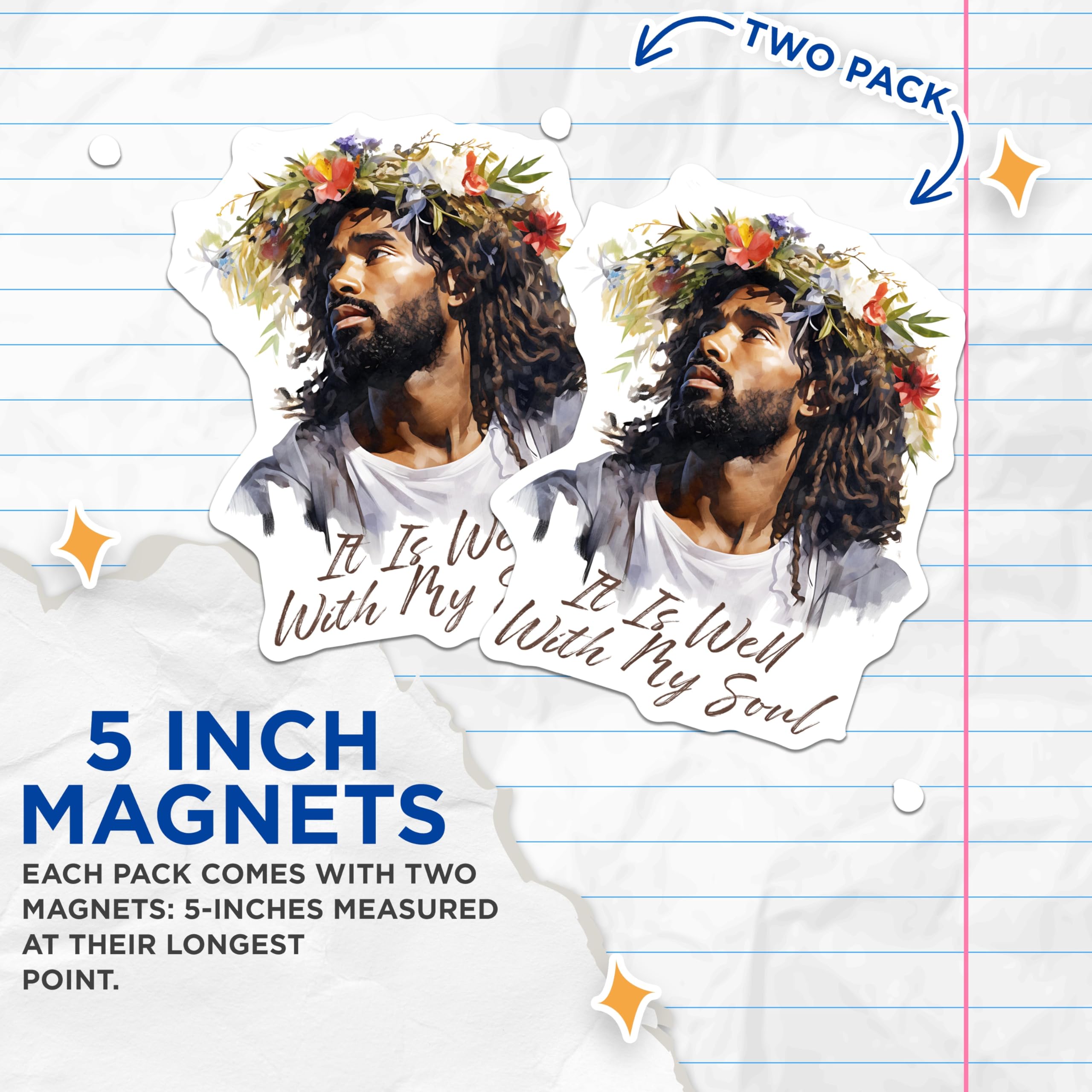(2 Pack) Christian Inspirational Magnets - Jesus Dreadlocks Floral Crown Art - It is Well with My Soul Scripture Decor - 5 Inches On Longest Side - Thick Durable Magnet - Made in USA - MAG20887
