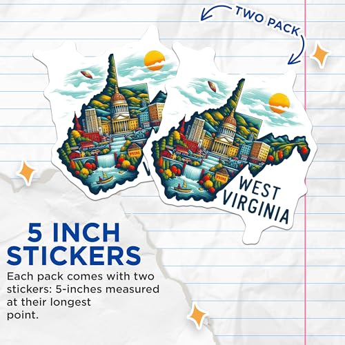 (2 Pack) West Virginia State Stickers - Travel Souvenir Stickers - USA Scenic Stickers - 5" On Longest Side - Sticks to Smooth Flat Surfaces - Made in USA - BMCS5560
