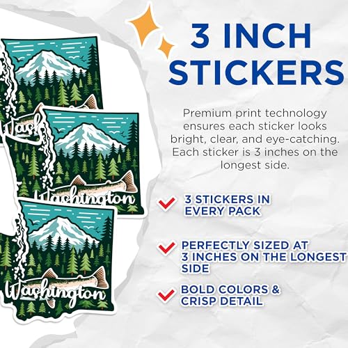 (3 Pack) Washington State Decals - Fish Mountain Forest - Evergreen State - 3 Inches On Longest Side - Easy Peel & Apply - Made in USA - 3MCS0167