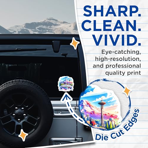 (2 Pack) Washington State Stickers - Mountain and City Scenery Decal - Seattle Landmarks Sticker - 5" On Longest Side - Sticks to Smooth Flat Surfaces - Made in USA - BMCS7268