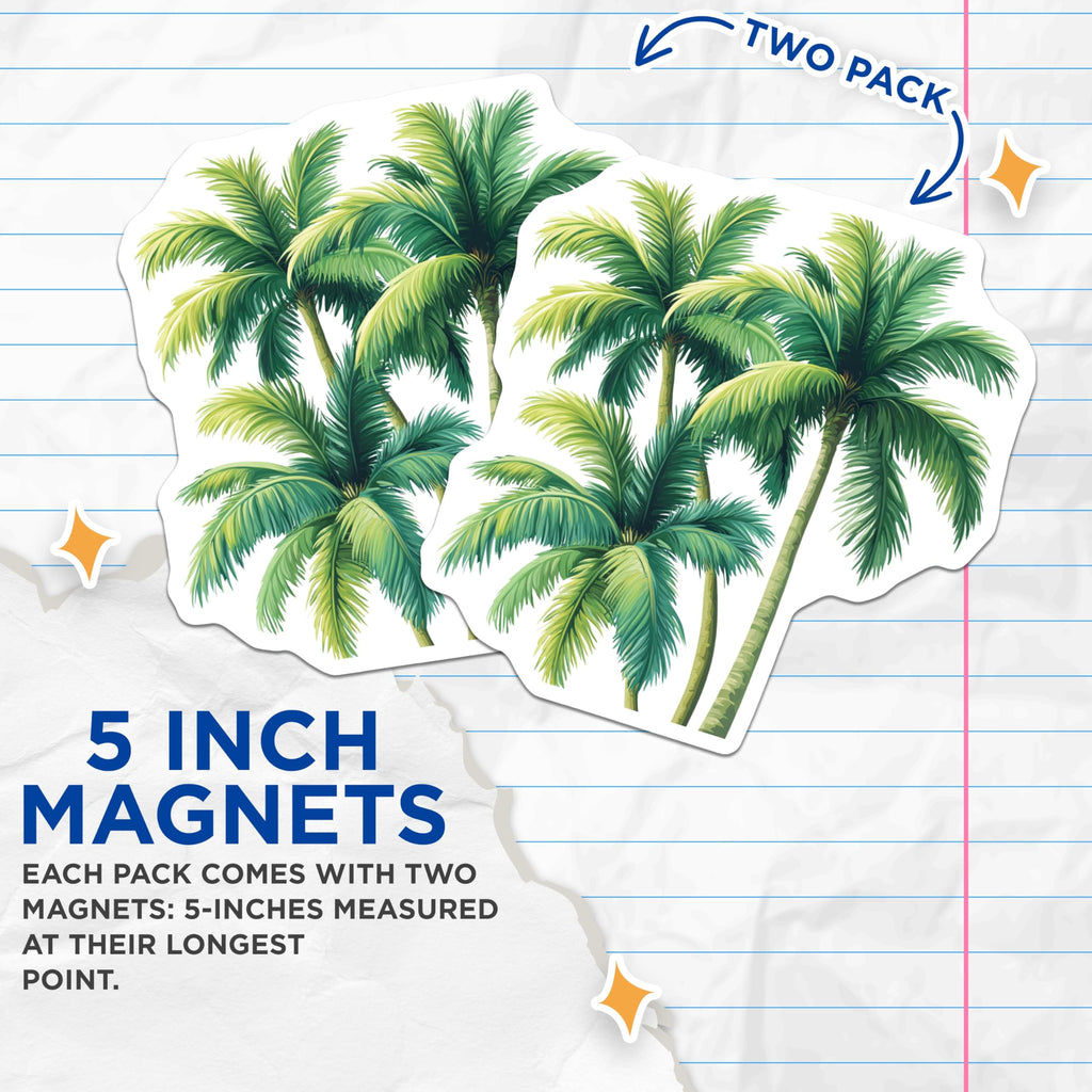 (2 Pack) Vibrant Green Palm Tree Magnets - Tropical Paradise Decor - Summer Beach House Accent - 5 Inches On Longest Side - Thick Durable Magnet - Made in USA - MAG24586