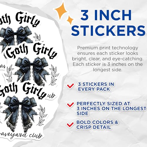(3 Pack) Goth Girl Decals - Graveyard Club - Laptop Decals - 3 Inches On Longest Side - Easy Peel & Apply - Made in USA - 3MCS2257