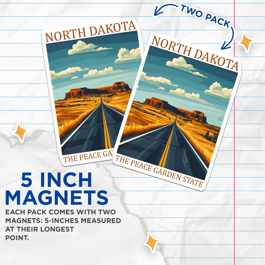 (2 Pack) North Dakota Magnets - Peace Garden State - ND Travel Decor - 5" On Longest Side - Premium Magnet - for Cars, Refrigerators, Toolboxes, Lockers - Made in USA - MAG18313
