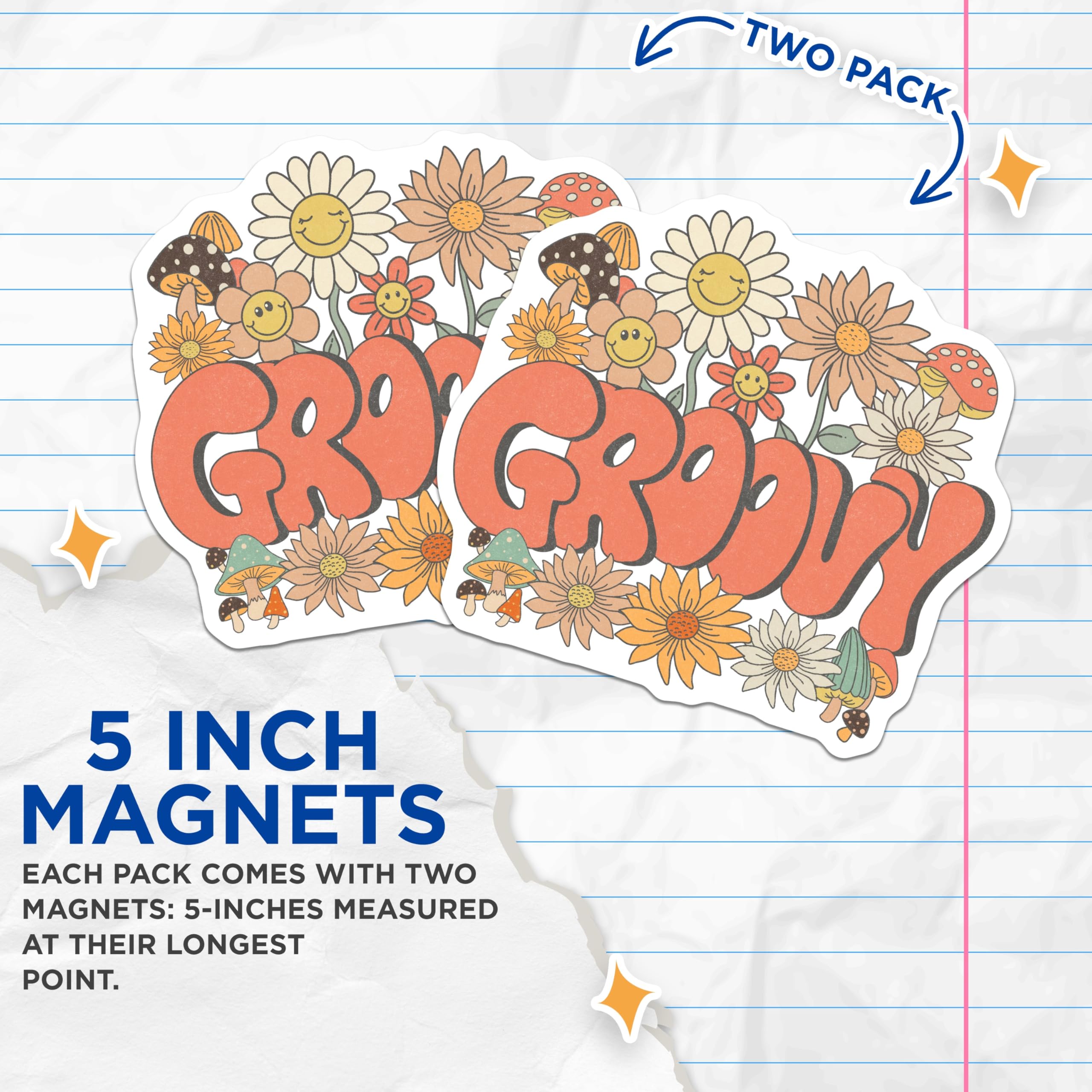 (2 Pack) Groovy Flower Magnets - Retro Style - 70s Aesthetic - 5" On Longest Side - Premium Magnet - for Cars, Refrigerators, Toolboxes, Lockers - Made in USA - MAG15059