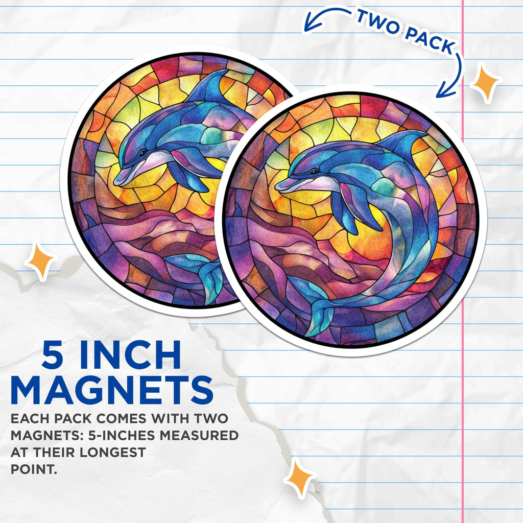 (2 Pack) Stained Glass Dolphin Magnets - Vibrant Ocean Life Decor - Coastal Kitchen Aesthetic - Unique Marine Art - 5 Inches On Longest Side - Thick Durable Magnet - Made in USA - MAG30318