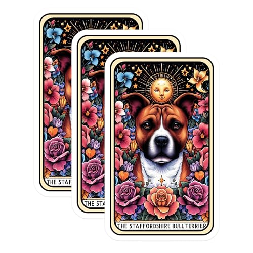 (3 Pack) Staffordshire Terrier Decals - Dog Tarot Card - Laptop Decals - 3 Inches On Longest Side - Easy Peel & Apply - Made in USA - 3MCS4093