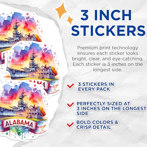 (3 Pack) Alabama Decals - Battleship - Watercolor Art - Laptop Decal- 3 Inches On Longest Side - Easy Peel & Apply - Made in USA - 3MCS5535