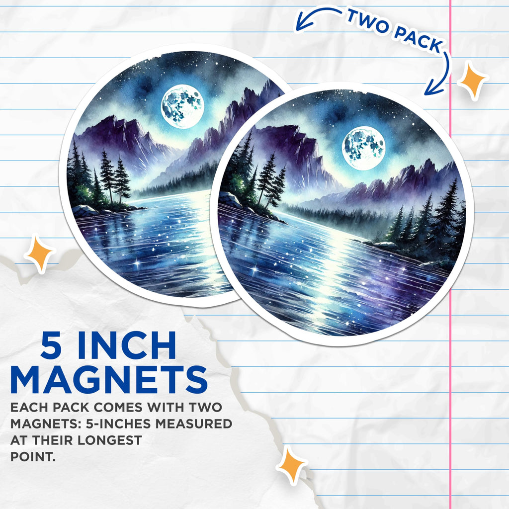 (2 Pack) Landscape Magnets - Lake Moon Art - Mountain View Fridge Decor - 5" On Longest Side - Premium Magnet - for Cars, Refrigerators, Toolboxes, Lockers - Made in USA - MAG17896
