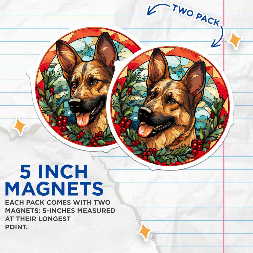 (2 Pack) German Shepherd Magnets - Stained Glass Dog Art - Christmas Fridge Decor - 5 Inches On Longest Side - Thick Durable Magnet - Made in USA - MAG27242
