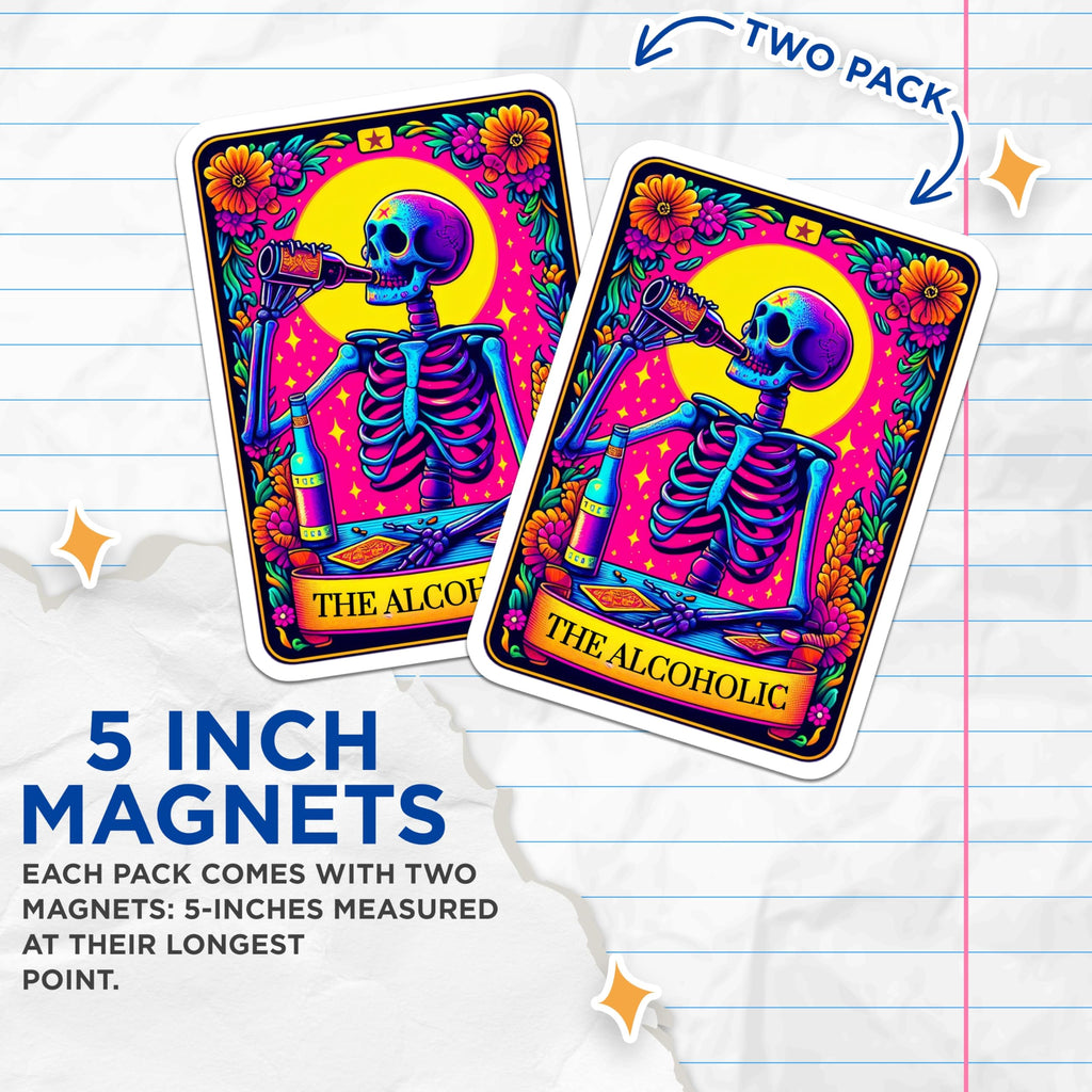 (2 Pack) Alcoholic Skeleton Magnets - Drinking Skull Tarot Art - Psychedelic Fridge Decor - Macabre Kitchen Accent - 5 Inches On Longest Side - Thick Durable Magnet - Made in USA - MAG23478