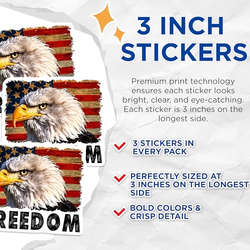 (3 Pack) Eagle Freedom Decals - Patriotic Design - American Flag Decals - 3 Inches On Longest Side - Easy Peel & Apply - Made in USA - 3MCS4497