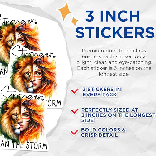 (3 Pack) Stronger Than Storm Decals - Lion Woman Art - Empowerment Decals - 3 Inches On Longest Side - Easy Peel & Apply - Made in USA - 3MCS8003