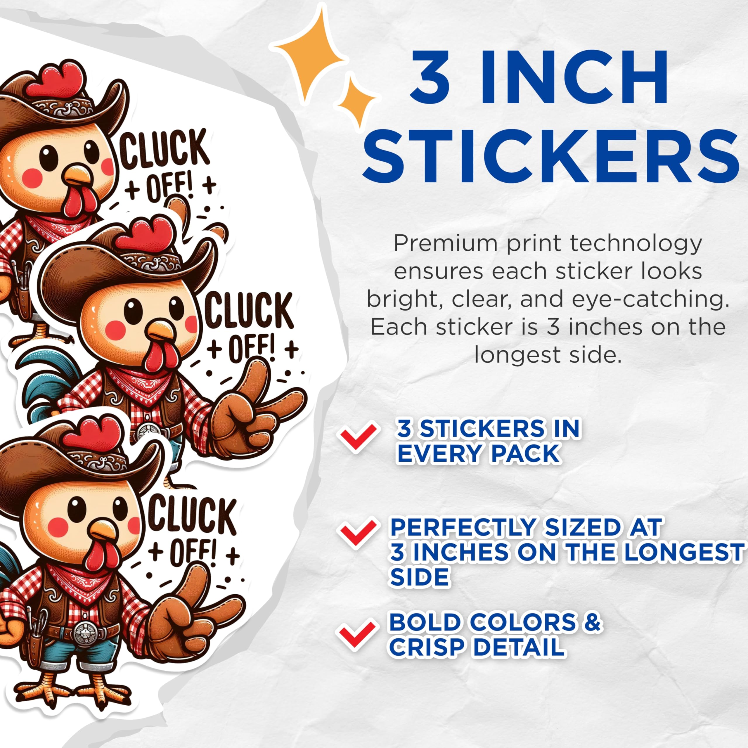 (3 Pack) Funny Chicken Decals - Cowboy Rooster Cluck Off - Laptop Decals - 3 Inches On Longest Side - Easy Peel & Apply - Made in USA - 3MCS0225