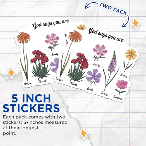 (2 Pack) God Says You are Stickers - Religious Inspirational Stickers - Floral Flower Faith Stickers - 5" On Longest Side - Sticks to Smooth Flat Surfaces - Made in USA - BMCS6632