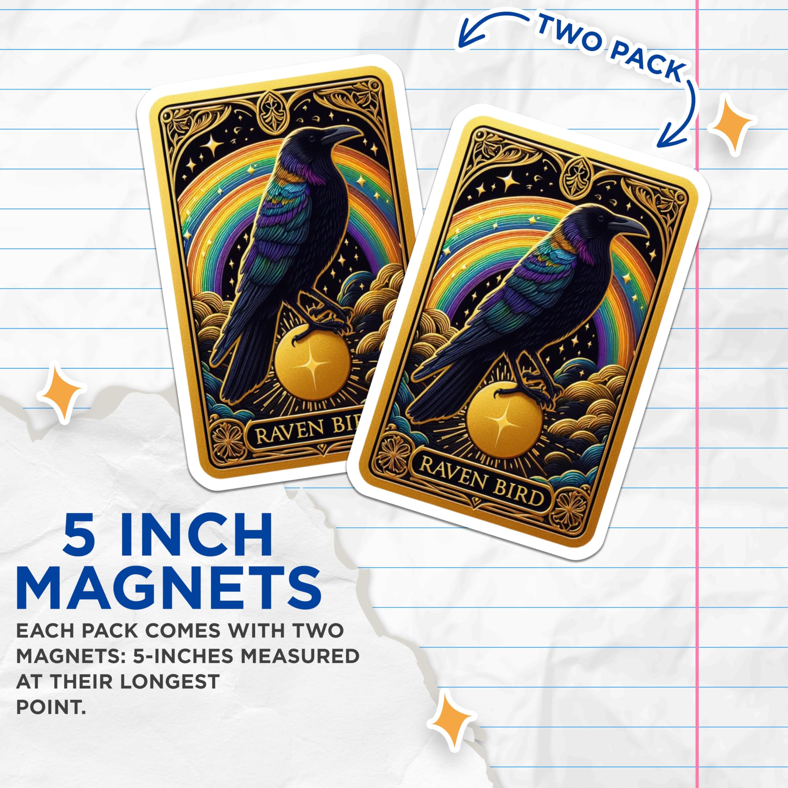(2 Pack) Vibrant Rainbow Feathered Raven Magnets - Ornate Gold Mystical Bird - Celestial Tarot Style Kitchen Decor - 5 Inches On Longest Side - Thick Durable Magnet - Made in USA - MAG21576