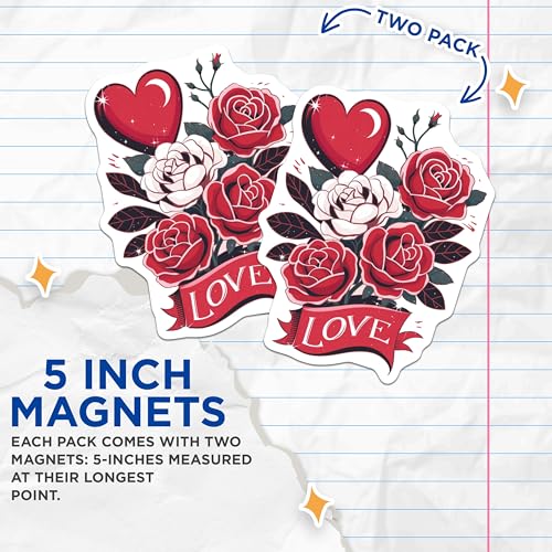 (2 Pack) Love Heart Rose Magnets - Floral Romance Magnets - Red Rose Heart Magnets - Love Magnet Set - 5" On Longest Side - for Cars, Refrigerators, Toolboxes, Lockers - Made in USA BMCS3475