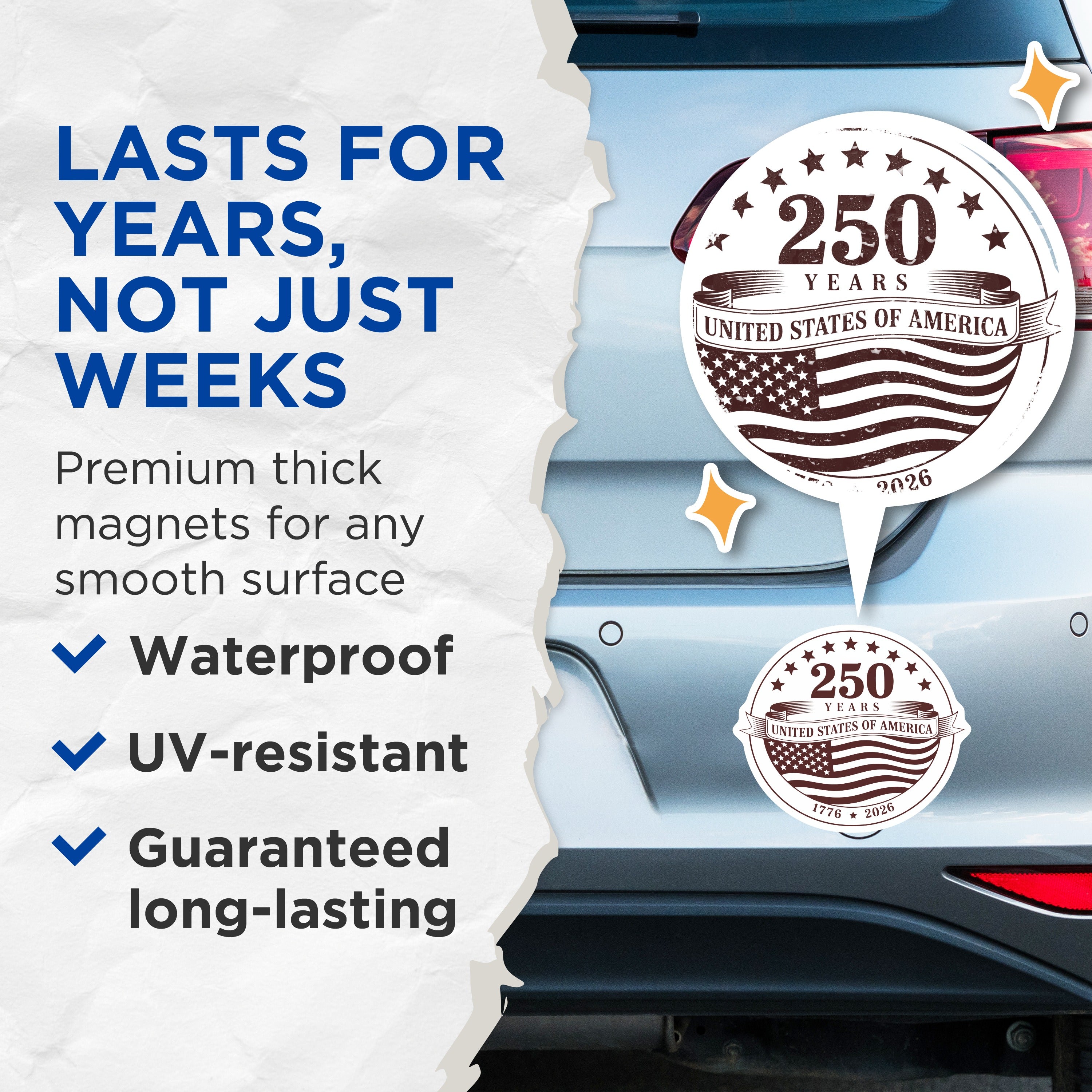 (2 Pack) 250 Years United States of America Magnets - Patriotic USA History 1776-2026 - Vintage American Emblem - 5 Inches On Longest Side - Thick Durable Magnet - Made in USA - MAG39004