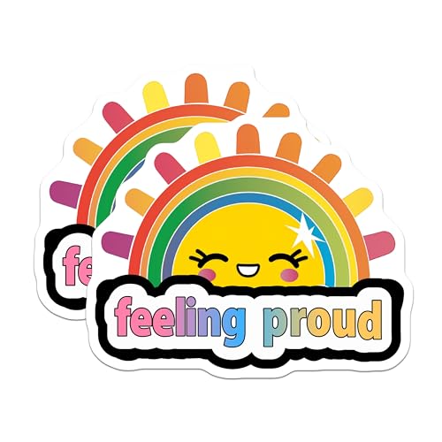 (2 Pack) Feeling Proud Stickers - Rainbow Sun - Positive Vibes Decal - 5" On Longest Side - Sticks to Smooth Flat Surfaces - Made in USA - BMCS9183