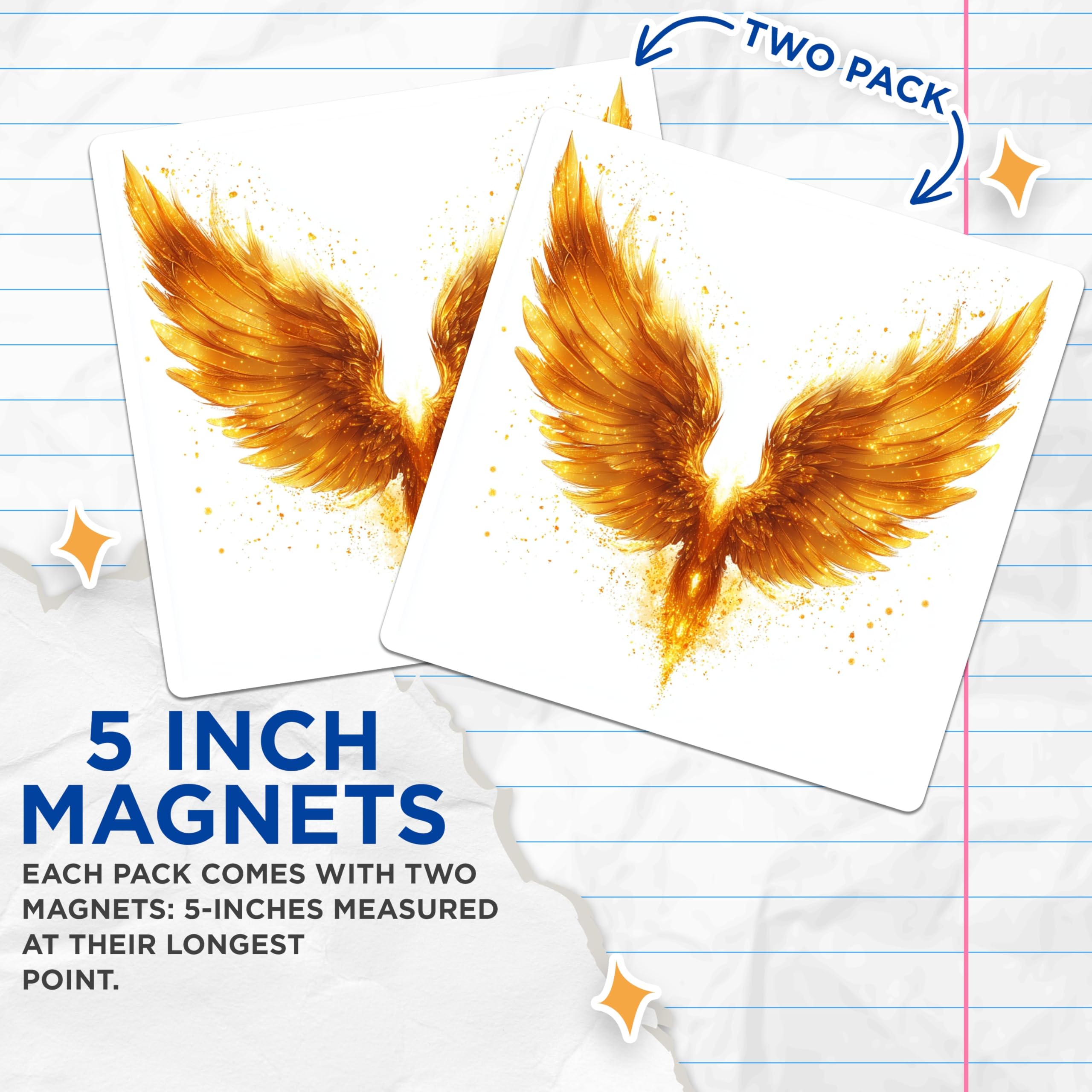 (2 Pack) Phoenix Flame Magnets - Golden Wings Majestic Fiery Bird - Mythical Rebirth Symbol Decor - 5 Inches On Longest Side - Thick Durable Magnet - Made in USA - MAG23303