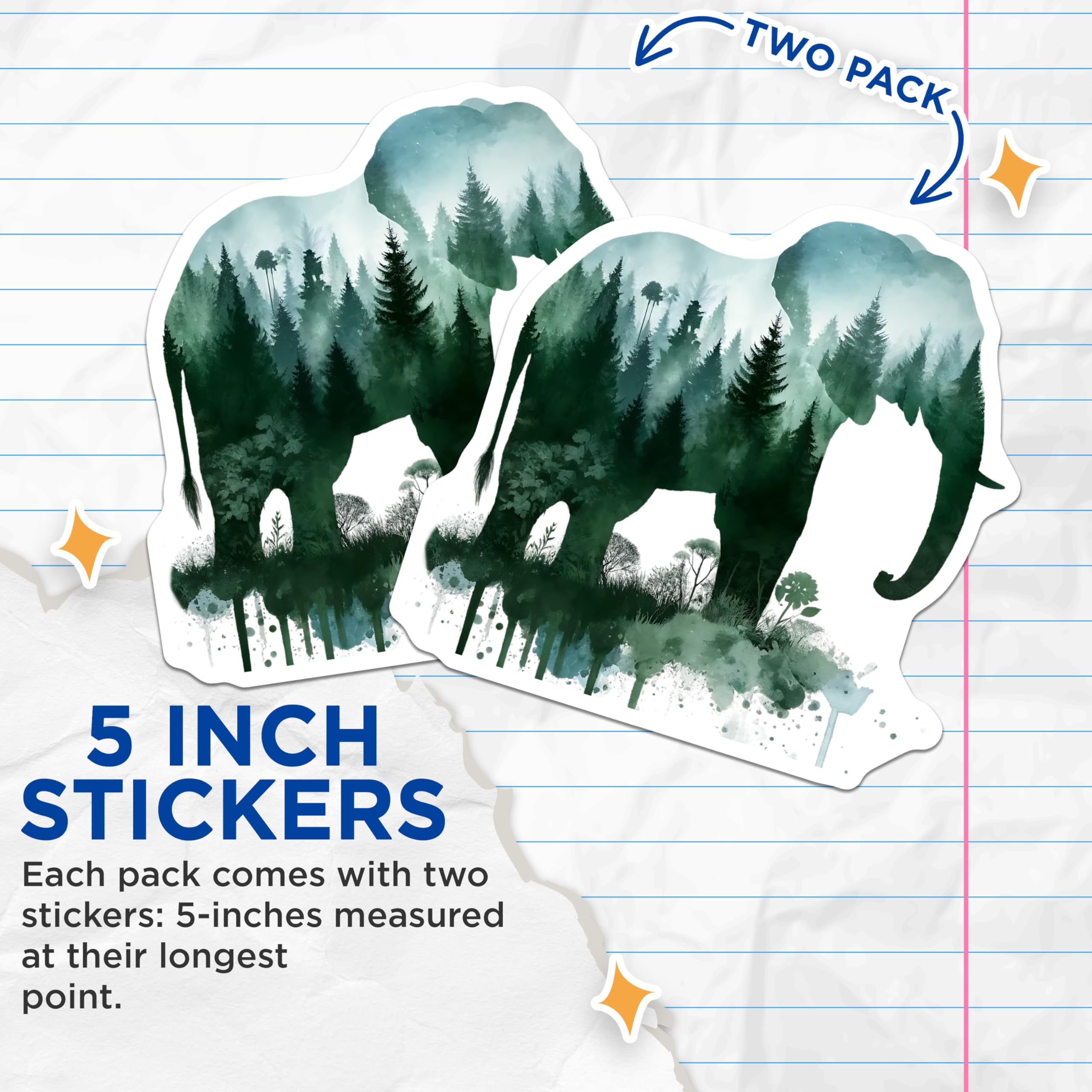 (2 Pack) Elephant Forest Stickers - Nature Stickers - Animal Silhouette - 5" On Longest Side - Sticks to Smooth Flat Surfaces - Made in USA - BMCS14514