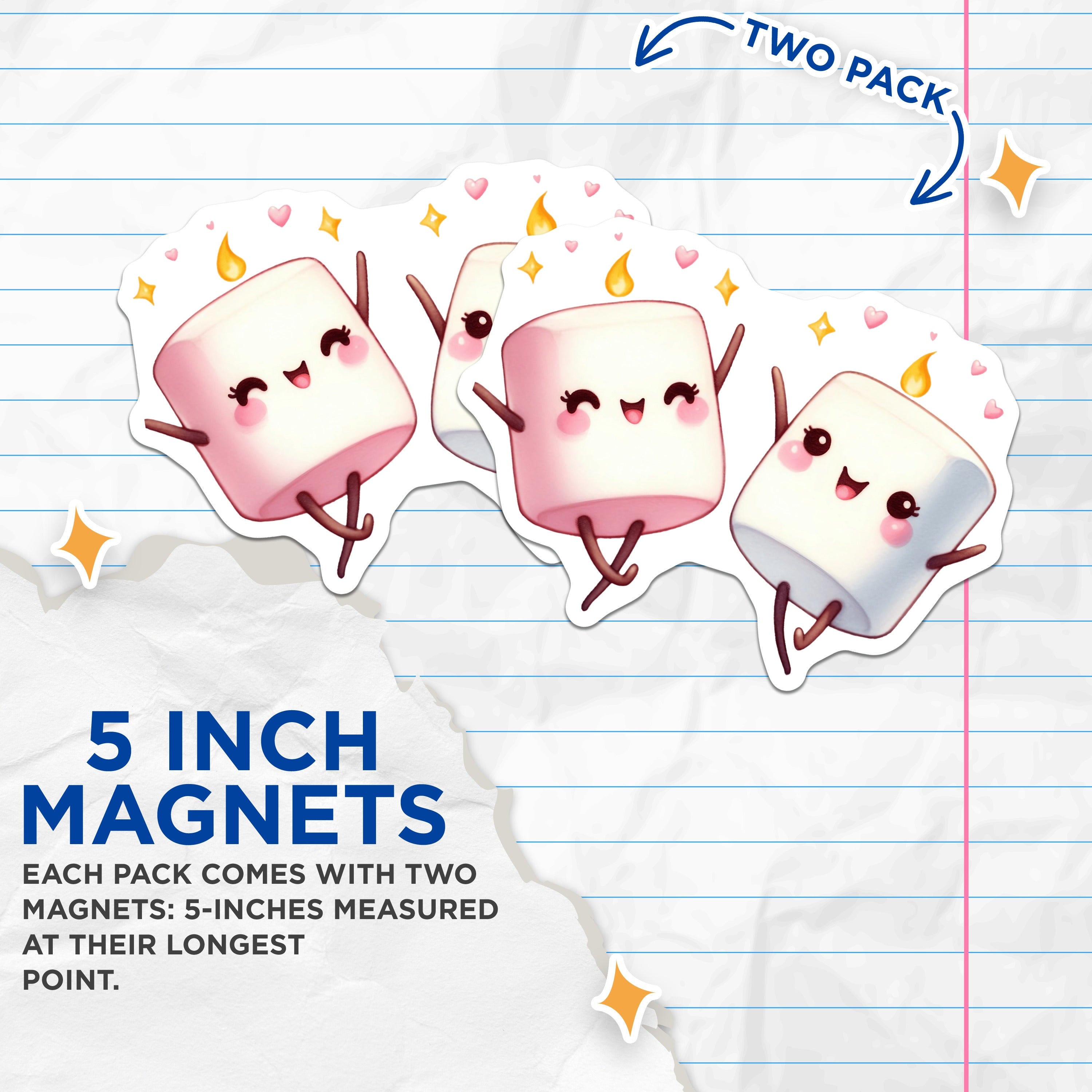 (2 Pack) Adorable Kawaii Marshmallow Couple Magnets - Sweet Smores Treat Decor - Valentine Fridge Accessory - 5 Inches On Longest Side - Thick Durable Magnet - Made in USA - MAG39939