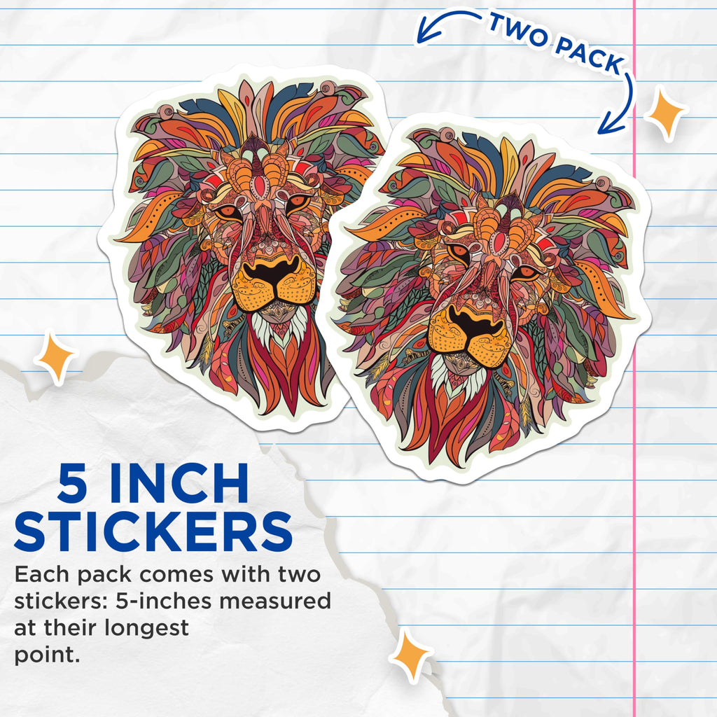 (2 Pack) Intricate Animal Art Stickers - Colorful Lion Head Stickers - Detailed Mandala Design Art Stickers - 5" On Longest Side - Sticks to Smooth Flat Surfaces - Made in USA - BMCS4689