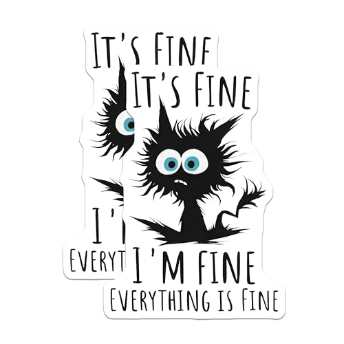 (2 Pack) Funny Cat Meme Stickers - It's Fine I'm Fine - 5" On Longest Side - Sticks to Smooth Flat Surfaces - Made in USA - BMCS8907 - BMCS8907