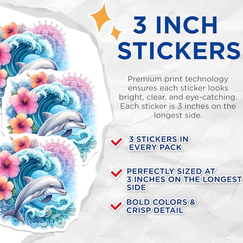 (3 Pack) Dolphin Decals - Tropical Hibiscus Decals - Ocean Wave Stickers - 3 Inches On Longest Side - Easy Peel & Apply - Made in USA - 3MCS8247