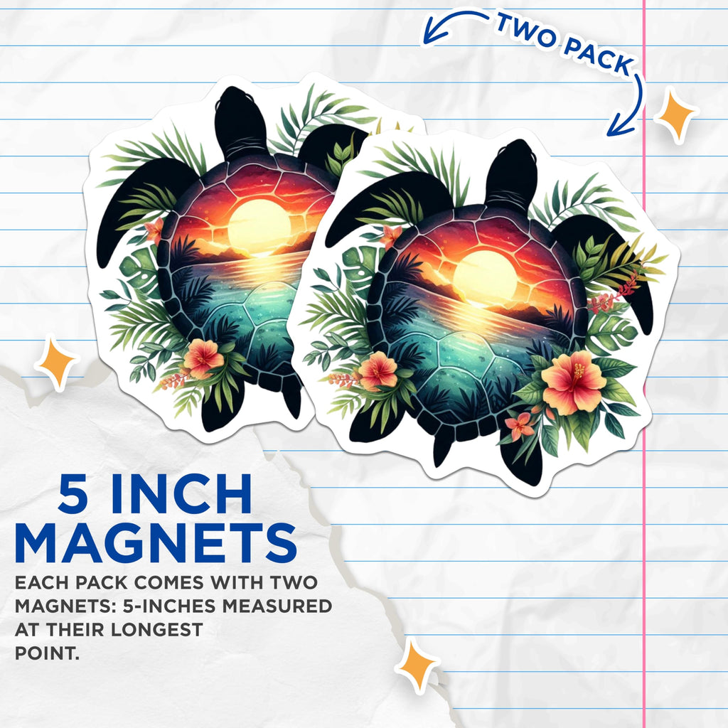 (2 Pack) Sea Turtle Magnets - Tropical Sunset Ocean Art - Hibiscus Palm Frond Design - 5 Inches On Longest Side - Thick Durable Magnet - Made in USA - MAG22769