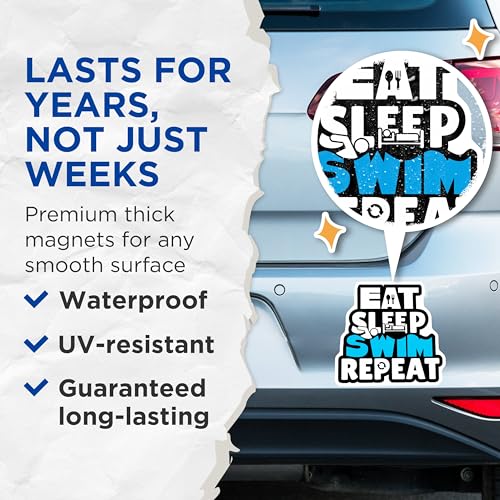 (2 Pack) Eat Sleep Swim Repeat Magnets Magnets - Funny Swim Decor - Inspirational Swim Quote - 5" On Longest Side - Made in USA - Sticks to Refrigerators & Metal Surfaces - MAG8724